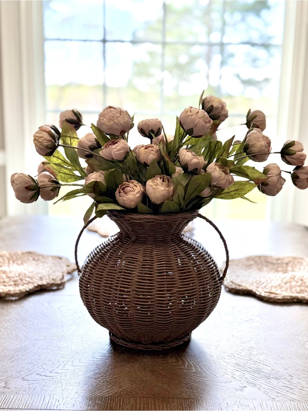 Viral Tan Peonies by Ashland Floral Arrangement in a Dark Brown Basket. - Picture 4 of 9